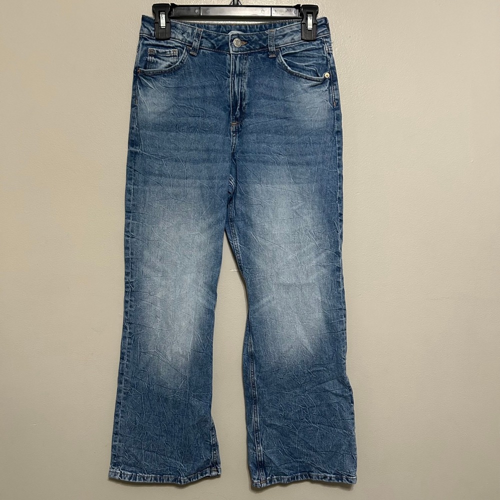 H&M Baggy Jeans Kids 14 Blue Denim Wide Leg Whiskered Crinkle Wash Y2k Skater